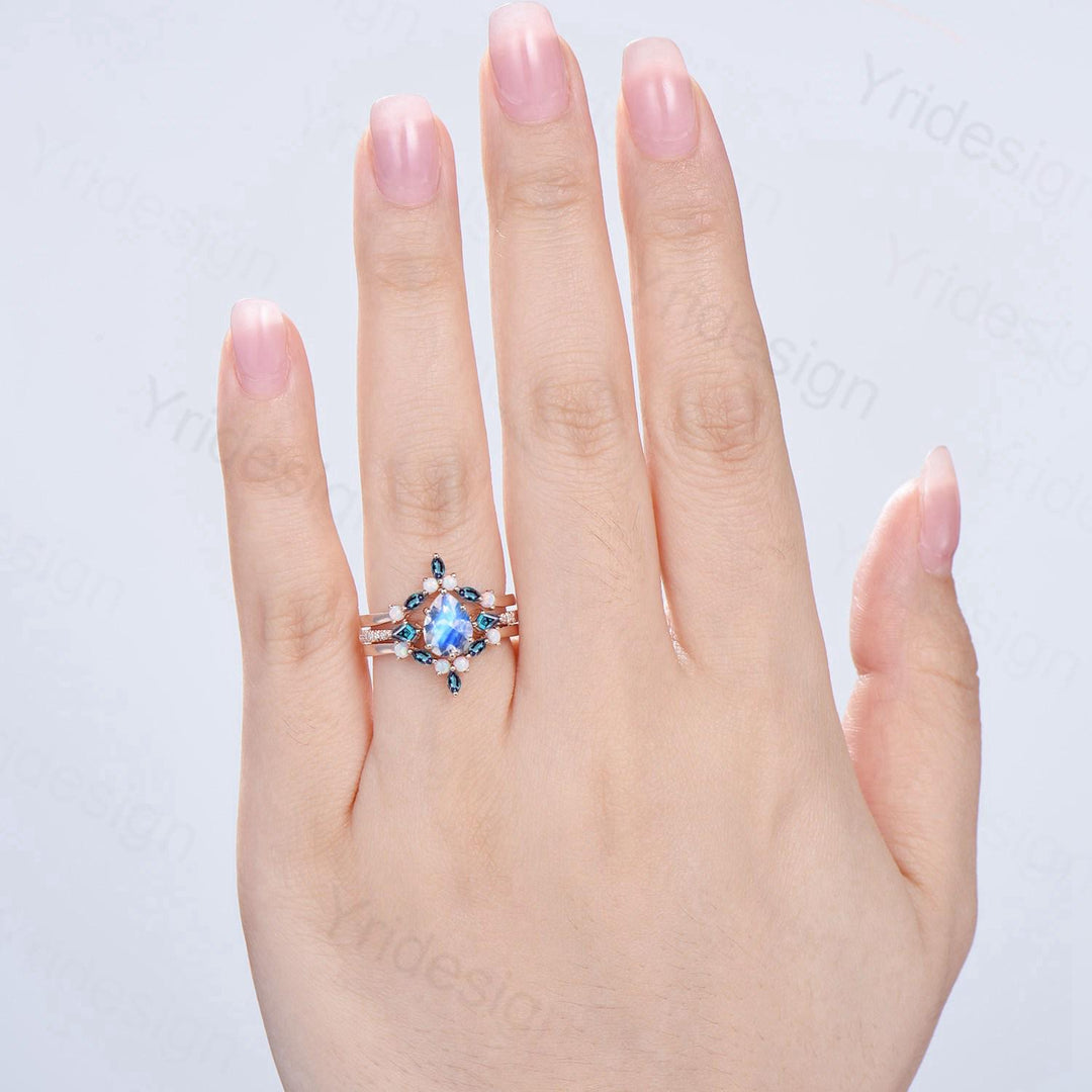 1.25 CT Pear Shaped Natural Moonstone Engagement Ring Set Kite Alexandrite Opal Wedding Set Unique 3Pcs Rose Gold June Birthstone Bridal Set - PENFINE