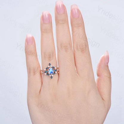 1.25 CT Pear Shaped Natural Moonstone Engagement Ring Set Kite Alexandrite Opal Wedding Set Unique 3Pcs Rose Gold June Birthstone Bridal Set - PENFINE