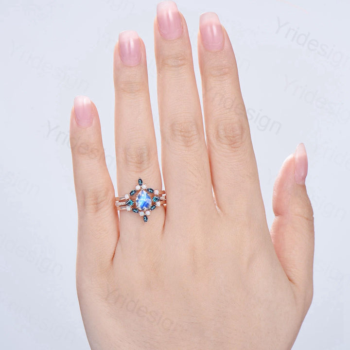 1.25 CT Pear Shaped Natural Moonstone Engagement Ring Set Kite Alexandrite Opal Wedding Set Unique 3Pcs Rose Gold June Birthstone Bridal Set - PENFINE