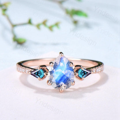 1.25 CT Pear Shaped Natural Moonstone Engagement Ring Set Kite Alexandrite Opal Wedding Set Unique 3Pcs Rose Gold June Birthstone Bridal Set - PENFINE