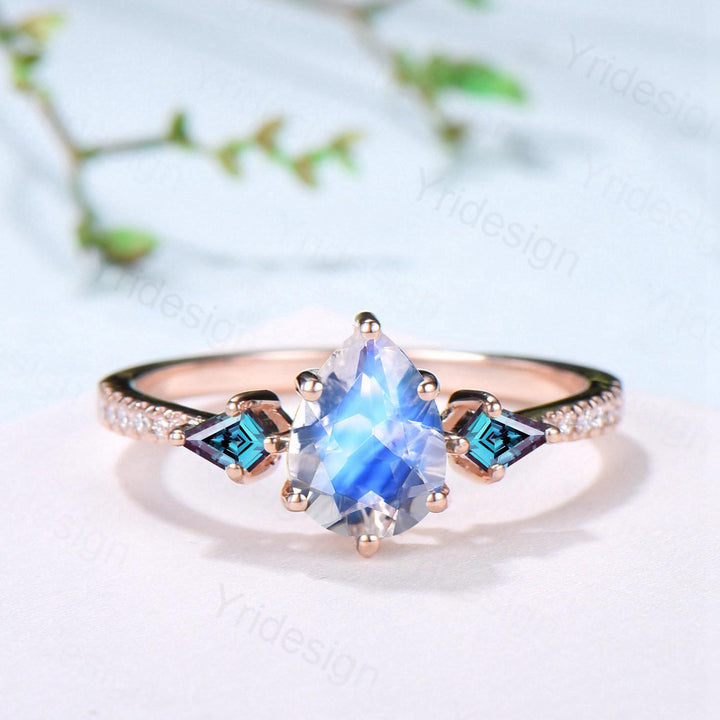 1.25 CT Pear Shaped Natural Moonstone Engagement Ring Set Kite Alexandrite Opal Wedding Set Unique 3Pcs Rose Gold June Birthstone Bridal Set - PENFINE