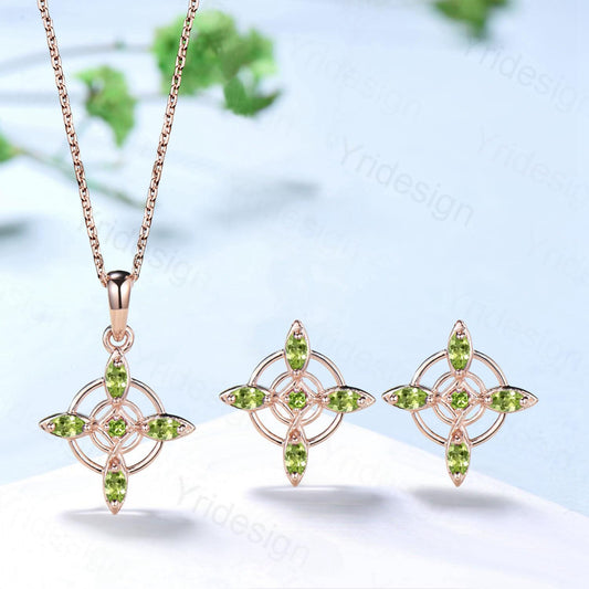 Unique Marquise Cut Natural Peridot Necklace and Stud Earring Double Loop August Pendant Silver Rose Gold Celtic Love Jewelry Wedding Sets - PENFINE