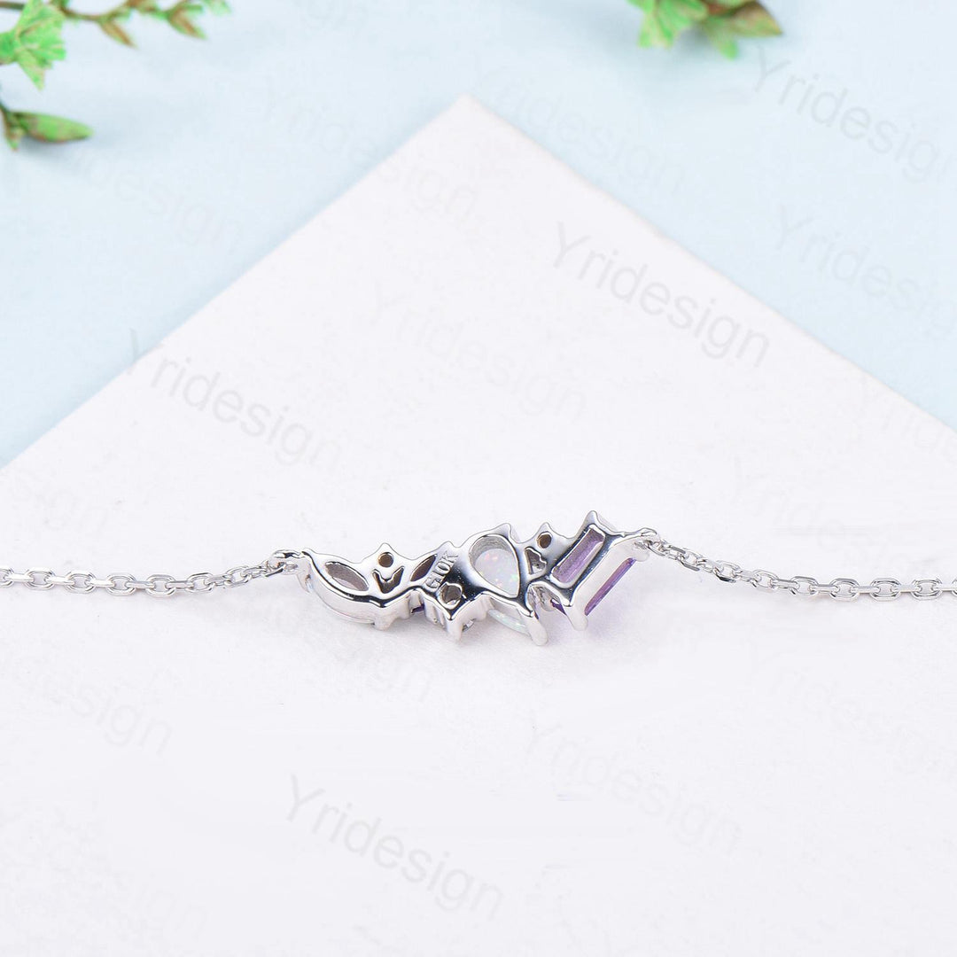 Elegant Teardrop White Opal Bracelet Multi-Stone Baguette Marquise Citrine Moissanite Lobster Claw Silver Bracelet Anniversary Promise Gift - PENFINE