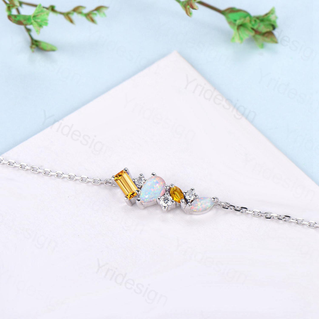 Elegant Teardrop White Opal Bracelet Multi-Stone Baguette Marquise Citrine Moissanite Lobster Claw Silver Bracelet Anniversary Promise Gift - PENFINE