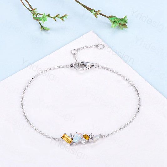 Elegant Teardrop White Opal Bracelet Multi-Stone Baguette Marquise Citrine Moissanite Lobster Claw Silver Bracelet Anniversary Promise Gift - PENFINE