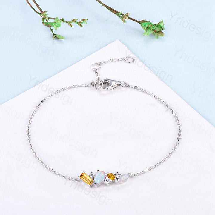 Elegant Teardrop White Opal Bracelet Multi-Stone Baguette Marquise Citrine Moissanite Lobster Claw Silver Bracelet Anniversary Promise Gift - PENFINE