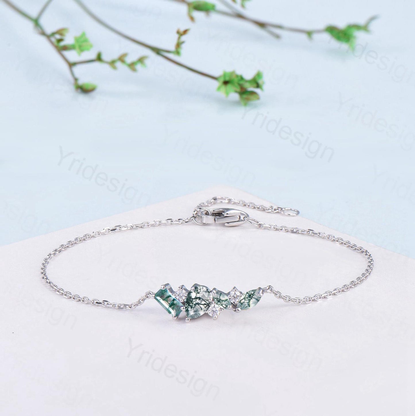 Dainty Pear Shaped Natural Moss Agate Bracelet Multi-Stone Baguette Marquise Green Agate Lobster Claw Bracelet Silver Gold Anniversary Gift - PENFINE