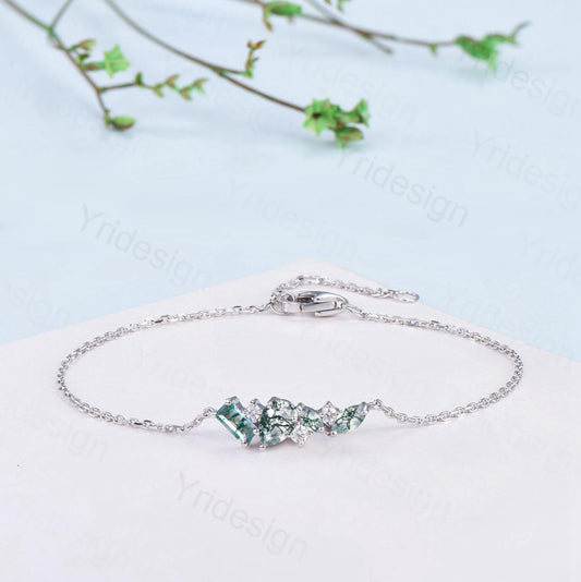 Dainty Pear Shaped Natural Moss Agate Bracelet Multi-Stone Baguette Marquise Green Agate Lobster Claw Bracelet Silver Gold Anniversary Gift - PENFINE