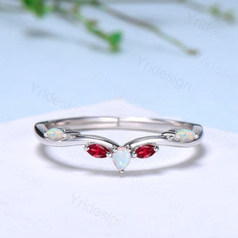 Vintage Fire Opal Ruby Wedding Band Women Unique Teardrop White Opal Stackable Ring Marquise Ruby Curved Matching Band Anniversary Gift - PENFINE