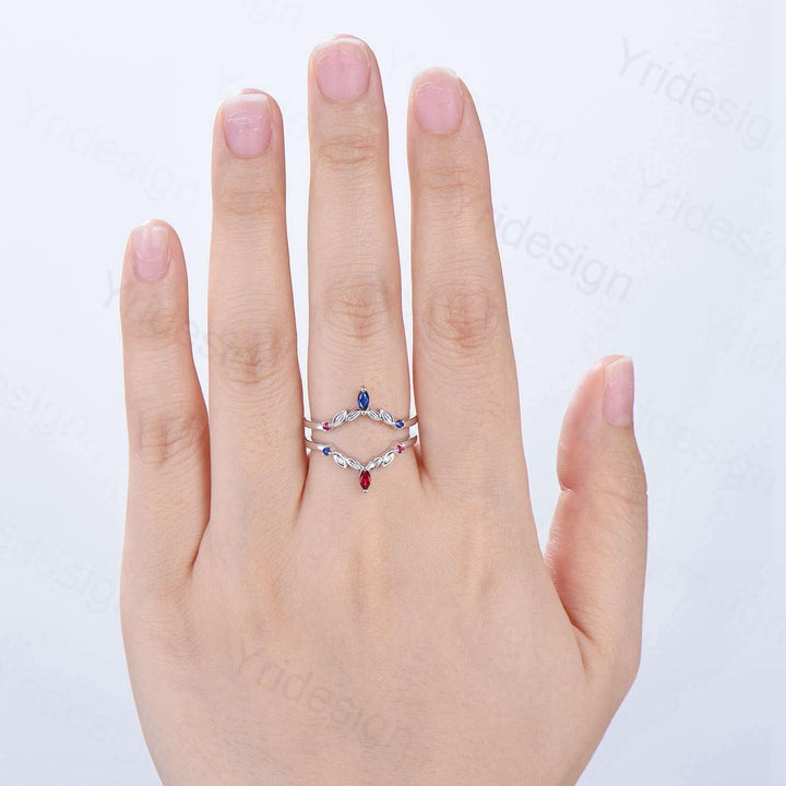 Vintage Sapphire Ruby Wedding Band Ring Ladies Blue Sapphire Wedding Ring Curved Enhancer Stacking Bridal Matching Ring Anniversary Gift - PENFINE