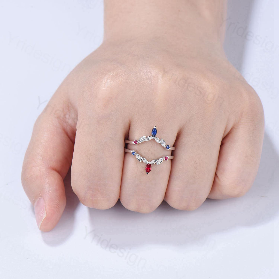 Vintage Sapphire Ruby Wedding Band Ring Ladies Blue Sapphire Wedding Ring Curved Enhancer Stacking Bridal Matching Ring Anniversary Gift - PENFINE