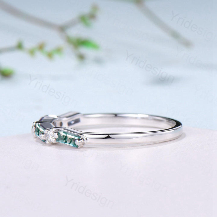 Vintage Baguette Cut Moss Agate Wedding Band Women Unique Natural Agate Stackable Ring Half Eternity Matching Band Promise Anniversary Gift - PENFINE