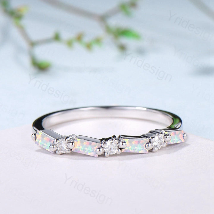 Unique Baguette cut Opal wedding band Vintage Moissanite wedding band Half eternity anniversary Wedding band Bridal Matching Stackable band - PENFINE