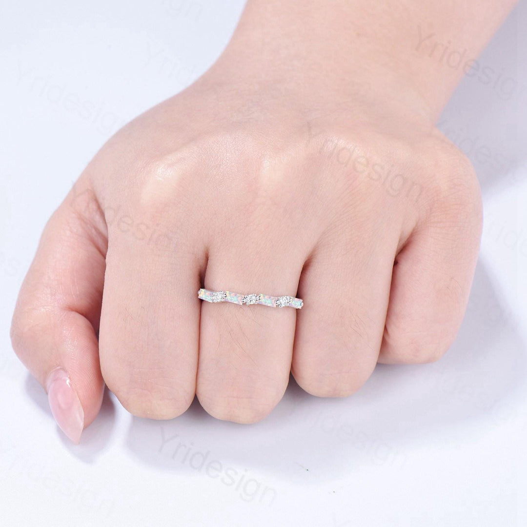 Unique Baguette cut Opal wedding band Vintage Moissanite wedding band Half eternity anniversary Wedding band Bridal Matching Stackable band - PENFINE