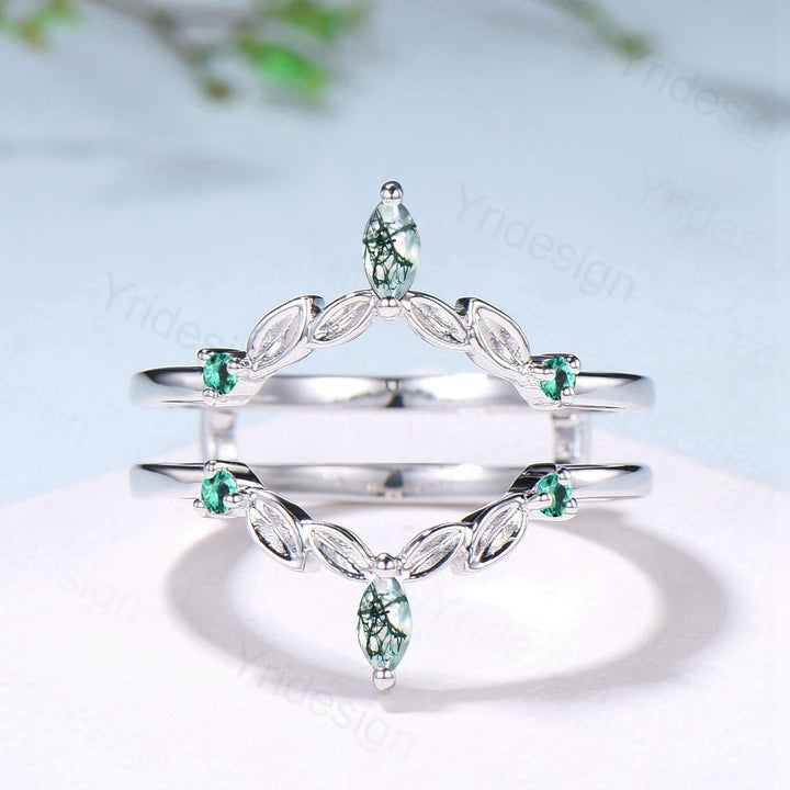 Vintage Marquise Cut Moss Agate Wedding Band Ring Ladies Emerald Wedding Ring Curved Enhancer Stacking Bridal Matching Ring Anniversary Gift - PENFINE