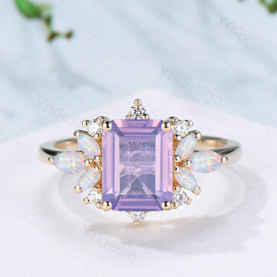 Vintage Lavender Amethyst Engagement Ring Emerald Cut 14K Yellow Gold Cluster Marquise Cut White Opal Wedding Ring Anniversary Promise Gift - PENFINE