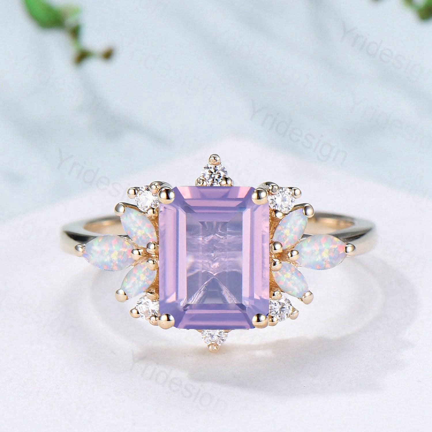 Vintage Lavender Amethyst Engagement Ring Emerald Cut 14K Yellow Gold Cluster Marquise Cut White Opal Wedding Ring Anniversary Promise Gift - PENFINE