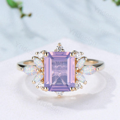 Vintage Lavender Amethyst Engagement Ring Emerald Cut 14K Yellow Gold Cluster Marquise Cut White Opal Wedding Ring Anniversary Promise Gift - PENFINE