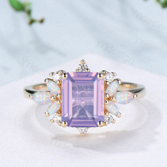 Vintage Lavender Amethyst Engagement Ring Emerald Cut 14K Yellow Gold Cluster Marquise Cut White Opal Wedding Ring Anniversary Promise Gift - PENFINE