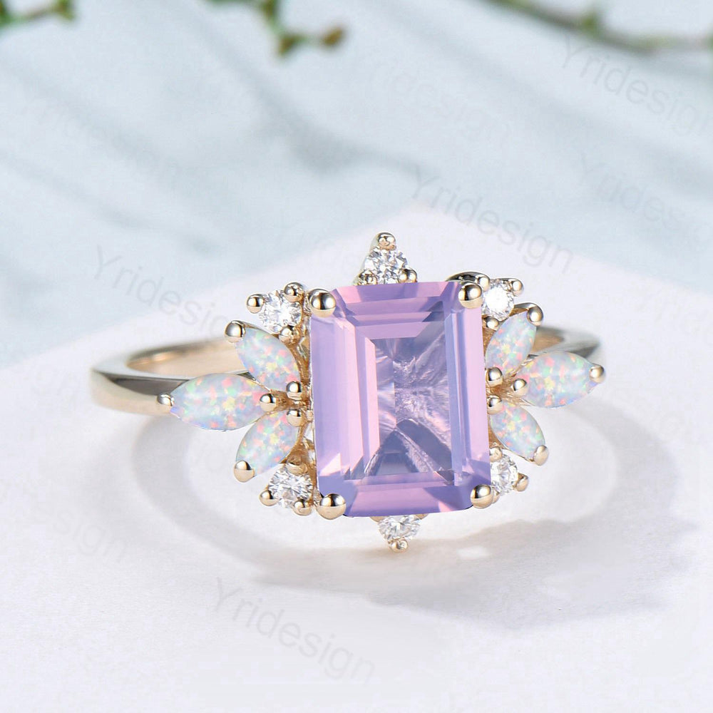 Vintage Lavender Amethyst Engagement Ring Emerald Cut 14K Yellow Gold Cluster Marquise Cut White Opal Wedding Ring Anniversary Promise Gift - PENFINE