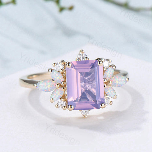 Vintage Lavender Amethyst Engagement Ring Emerald Cut 14K Yellow Gold Cluster Marquise Cut White Opal Wedding Ring Anniversary Promise Gift - PENFINE