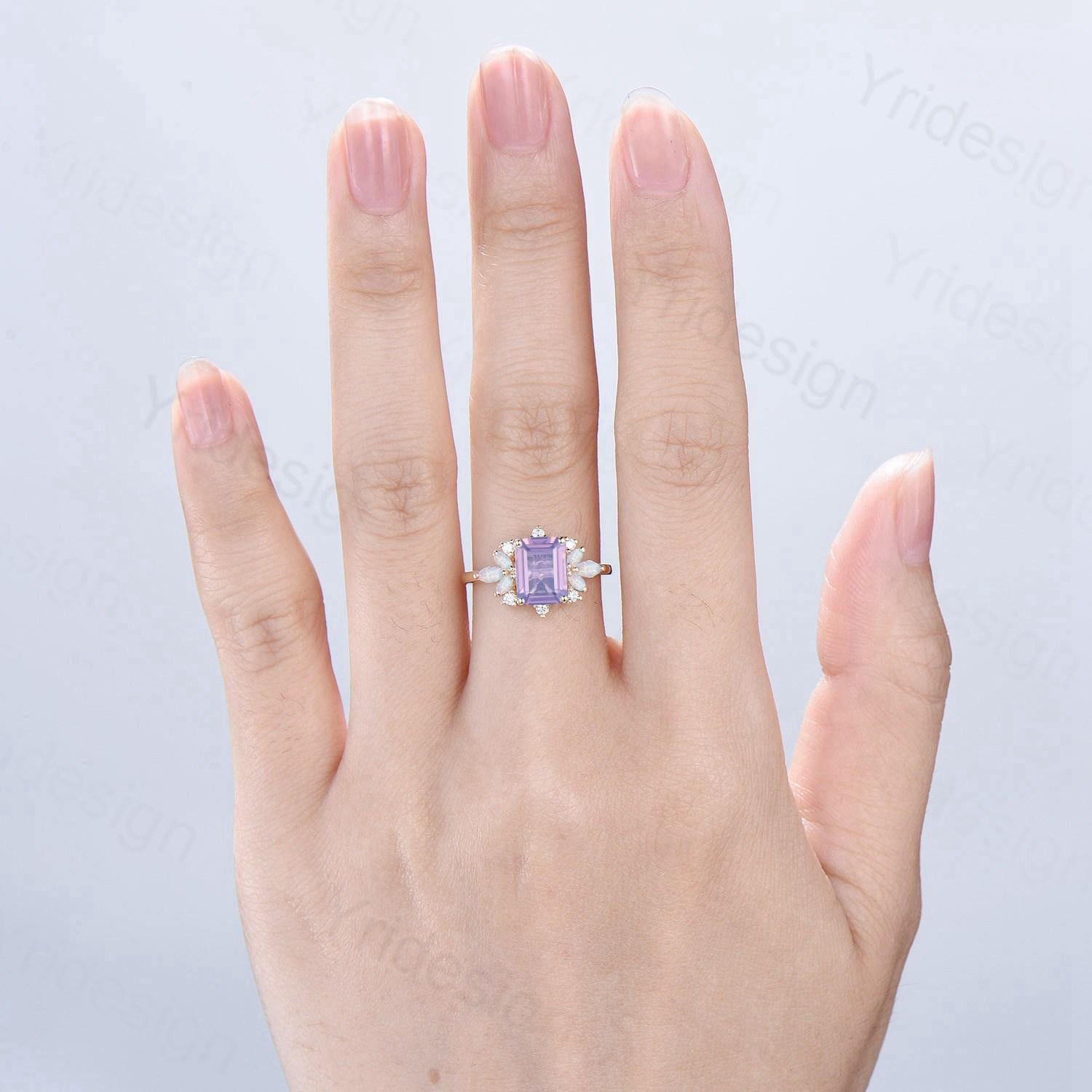 Vintage Lavender Amethyst Engagement Ring Emerald Cut 14K Yellow Gold Cluster Marquise Cut White Opal Wedding Ring Anniversary Promise Gift - PENFINE