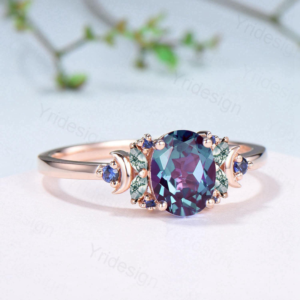 Unique Oval Alexandrite Engagement Ring Cluster Sapphire Marquise Moss Agate Moon Ring Floral Rose Gold Handmade Anniversary Proposal Gift - PENFINE