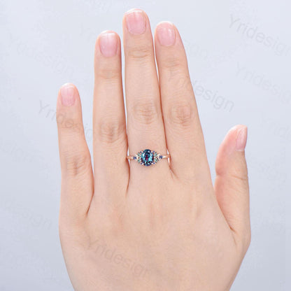 Unique Oval Alexandrite Engagement Ring Cluster Sapphire Marquise Moss Agate Moon Ring Floral Rose Gold Handmade Anniversary Proposal Gift - PENFINE