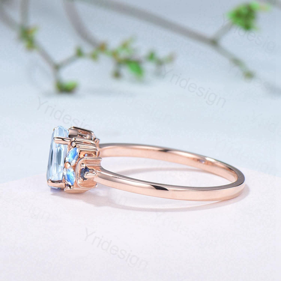 Unique Natural Oval Aquamarine Engagement Ring Cluster Sapphire Moonstone Moon Wedding Ring Floral 14K Rose Gold Anniversary Proposal Gift - PENFINE