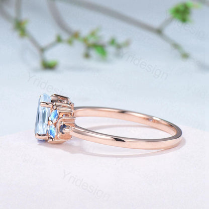 Unique Natural Oval Aquamarine Engagement Ring Cluster Sapphire Moonstone Moon Wedding Ring Floral 14K Rose Gold Anniversary Proposal Gift - PENFINE