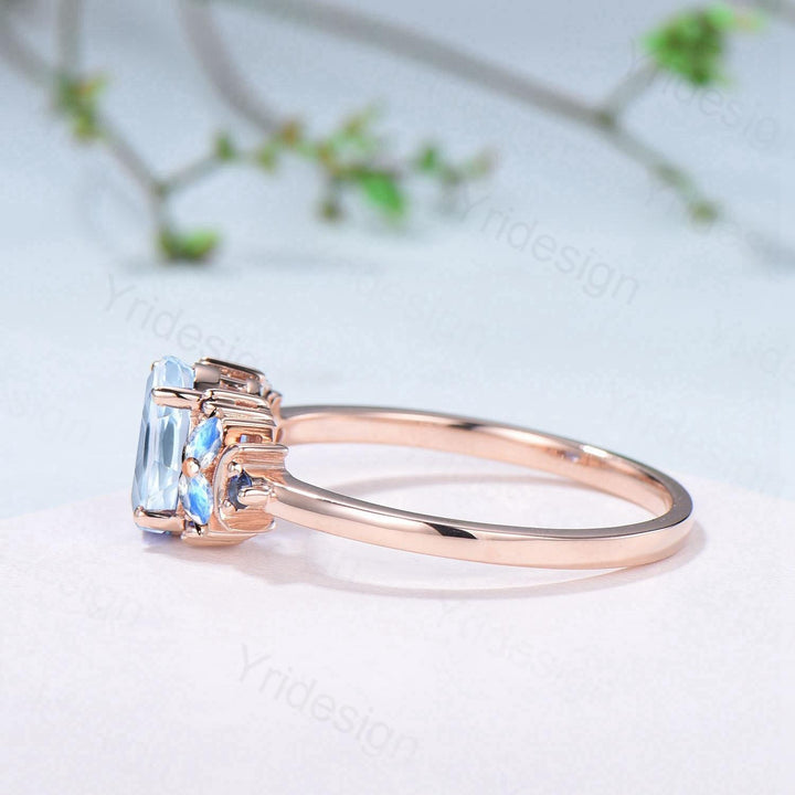 Unique Natural Oval Aquamarine Engagement Ring Cluster Sapphire Moonstone Moon Wedding Ring Floral 14K Rose Gold Anniversary Proposal Gift - PENFINE