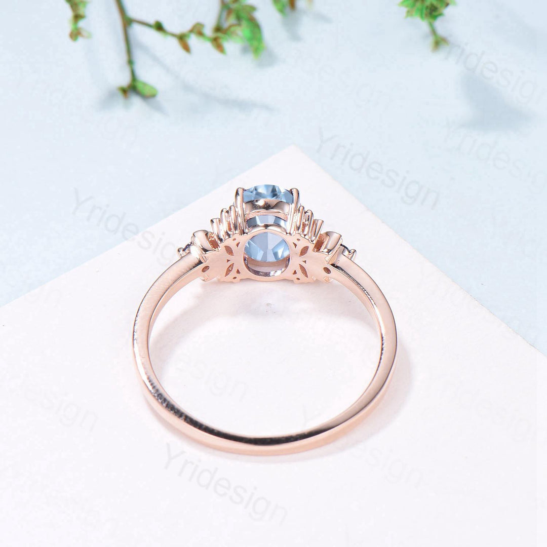 Unique Natural Oval Aquamarine Engagement Ring Cluster Sapphire Moonstone Moon Wedding Ring Floral 14K Rose Gold Anniversary Proposal Gift - PENFINE