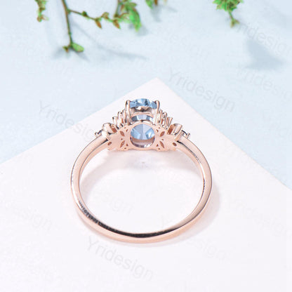 Unique Natural Oval Aquamarine Engagement Ring Cluster Sapphire Moonstone Moon Wedding Ring Floral 14K Rose Gold Anniversary Proposal Gift - PENFINE