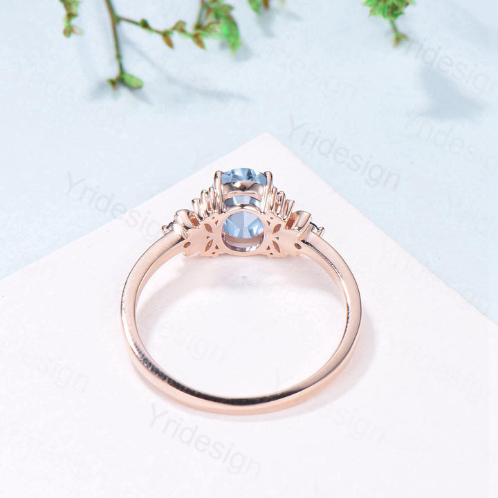 Unique Natural Oval Aquamarine Engagement Ring Cluster Sapphire Moonstone Moon Wedding Ring Floral 14K Rose Gold Anniversary Proposal Gift - PENFINE