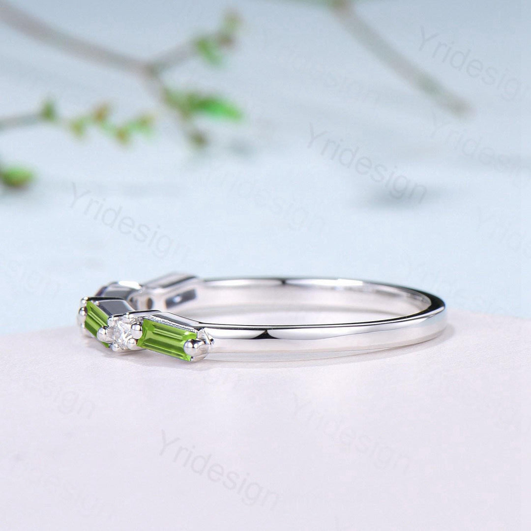 Vintage Baguette Cut Peridot Wedding Band Women Unique August Birthstone Stackable Ring Half Eternity Matching Band Promise Anniversary Gift - PENFINE