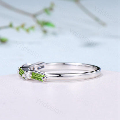 Vintage Baguette Cut Peridot Wedding Band Women Unique August Birthstone Stackable Ring Half Eternity Matching Band Promise Anniversary Gift - PENFINE