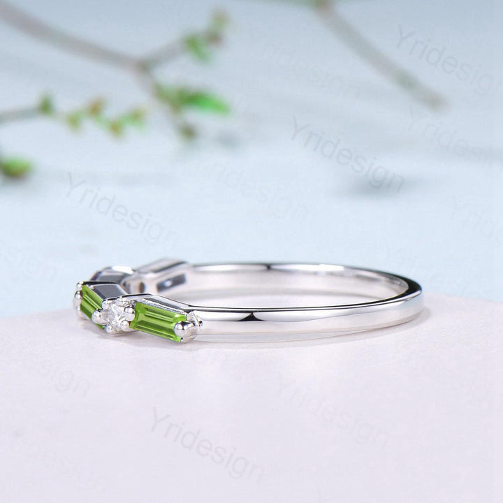 Vintage Baguette Cut Peridot Wedding Band Women Unique August Birthstone Stackable Ring Half Eternity Matching Band Promise Anniversary Gift - PENFINE