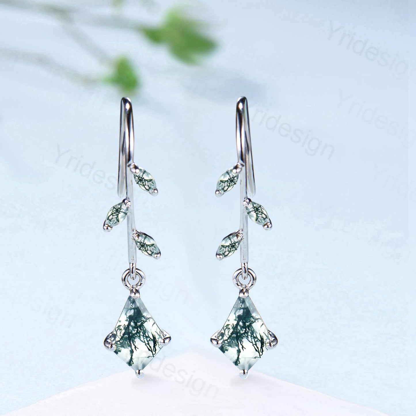 Vintage kite moss agate earrings Unique pinwheel earrings marquise agate drop stud earrings dainty green gemstone anniversary promise gift - PENFINE