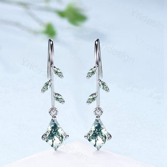 Vintage kite moss agate earrings Unique pinwheel earrings marquise agate drop stud earrings dainty green gemstone anniversary promise gift - PENFINE
