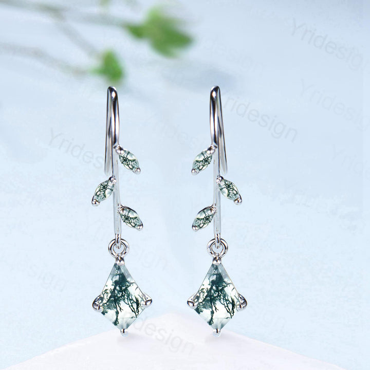 Vintage kite moss agate earrings Unique pinwheel earrings marquise agate drop stud earrings dainty green gemstone anniversary promise gift - PENFINE