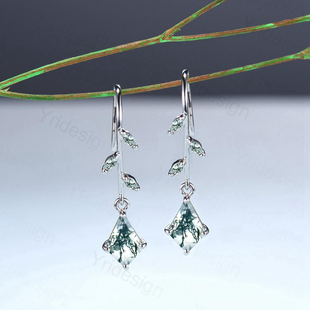 Vintage kite moss agate earrings Unique pinwheel earrings marquise agate drop stud earrings dainty green gemstone anniversary promise gift - PENFINE