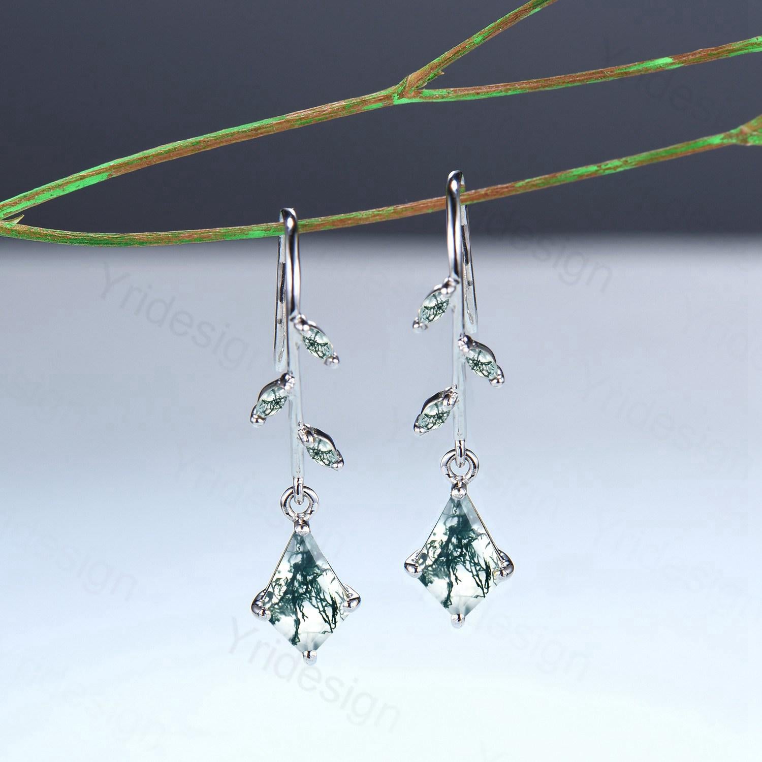 Vintage kite moss agate earrings Unique pinwheel earrings marquise agate drop stud earrings dainty green gemstone anniversary promise gift - PENFINE