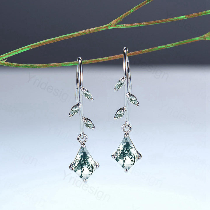 Vintage kite moss agate earrings Unique pinwheel earrings marquise agate drop stud earrings dainty green gemstone anniversary promise gift - PENFINE