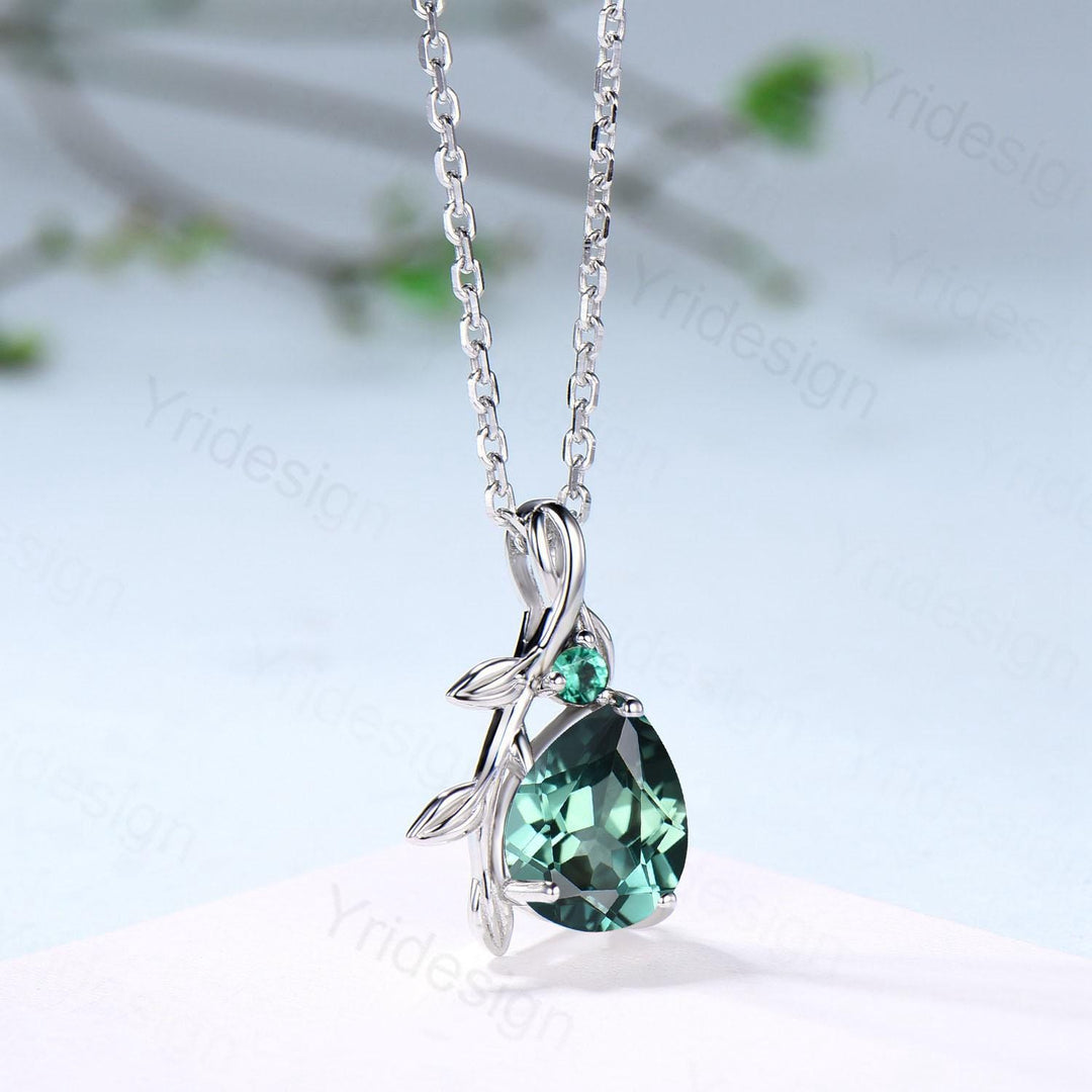 Natural Inspired Green Sapphire Necklace leaf vine branch Teal Sapphire necklace elegant twisted emerald pendant anniversary gifts for mom - PENFINE