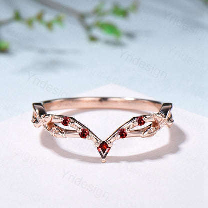 Vintage Curved Garnet Wedding Band Split Shank Promise Ring Leaf Vine January Birthstone Stackable Matching Band Evil Eye Wedding Ring Women - PENFINE