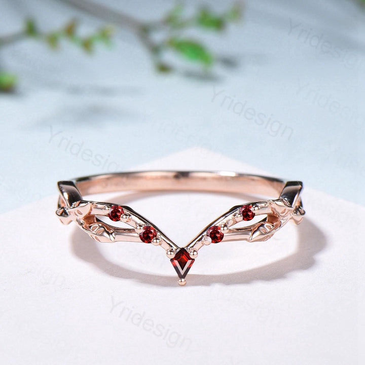 Vintage Curved Garnet Wedding Band Split Shank Promise Ring Leaf Vine January Birthstone Stackable Matching Band Evil Eye Wedding Ring Women - PENFINE