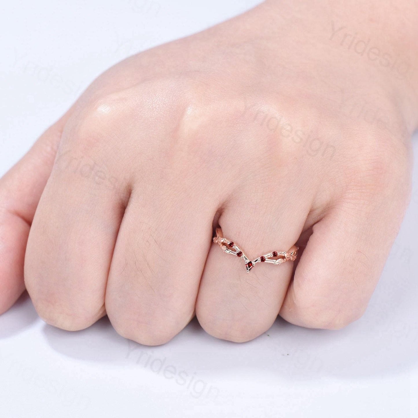 Vintage Curved Garnet Wedding Band Split Shank Promise Ring Leaf Vine January Birthstone Stackable Matching Band Evil Eye Wedding Ring Women - PENFINE