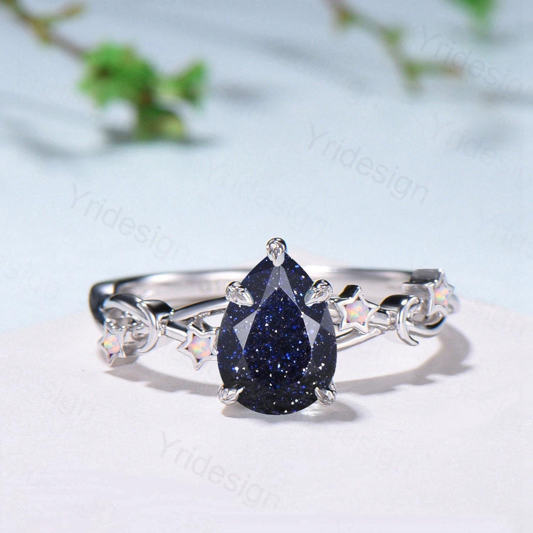 Vintage Pear Shaped Blue Sandstone Engagement Ring Moon Star Cluster Amethyst Wedding Ring Silver Gold Galaxy Leaves Prong Promise Ring - PENFINE