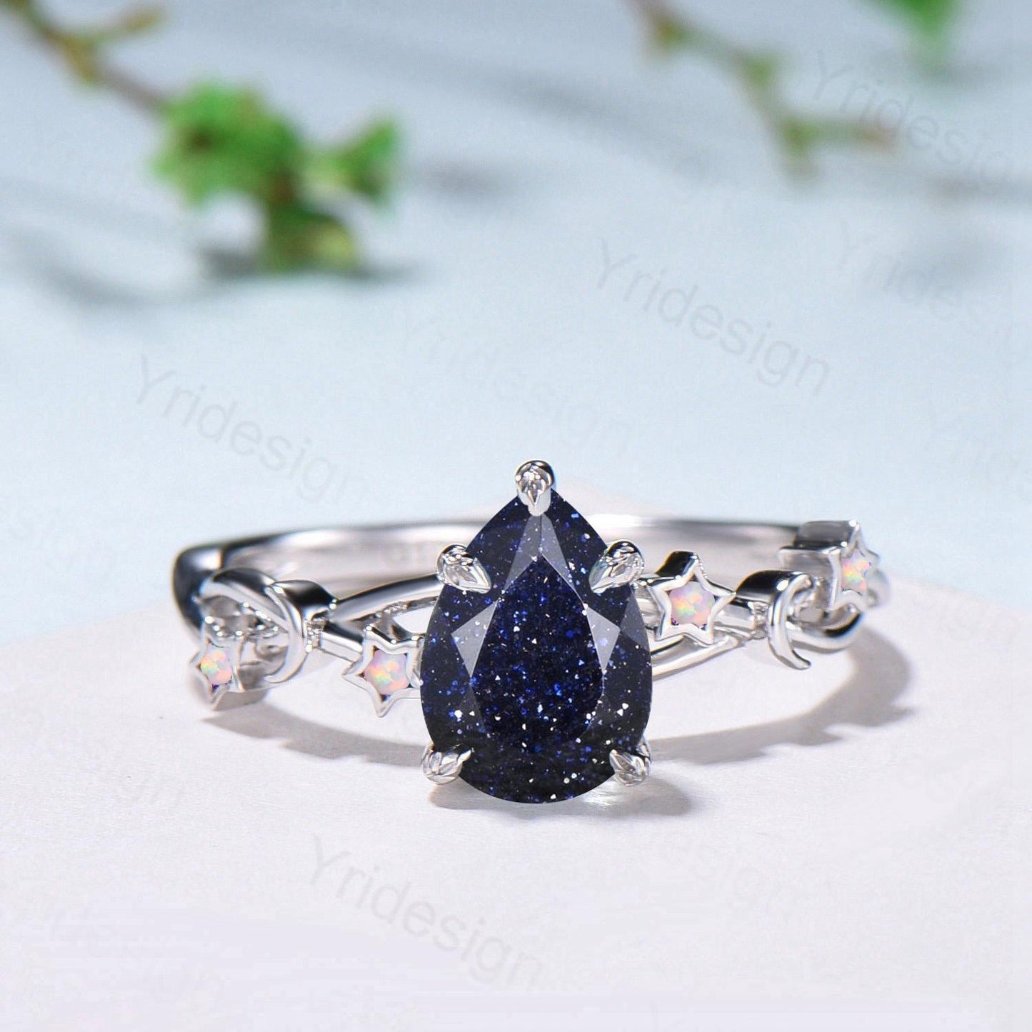 Vintage Pear Shaped Blue Sandstone Engagement Ring Moon Star Cluster Amethyst Wedding Ring Silver Gold Galaxy Leaves Prong Promise Ring - PENFINE