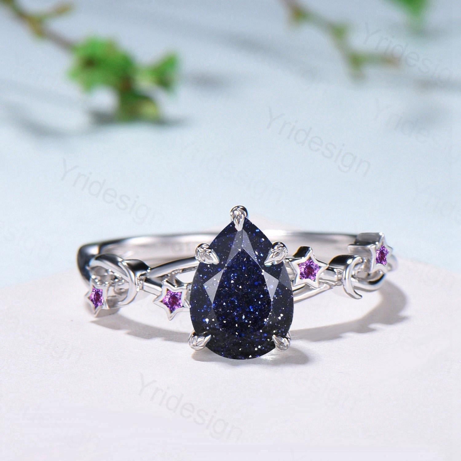 Vintage Pear Shaped Blue Sandstone Engagement Ring Moon Star Cluster Amethyst Wedding Ring Silver Gold Galaxy Leaves Prong Promise Ring - PENFINE